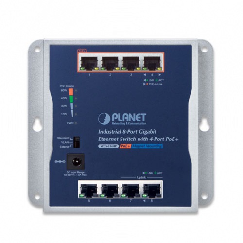 Switch industriel mural 8 ports Giga 4 PoE+ Planet WGS-814HP