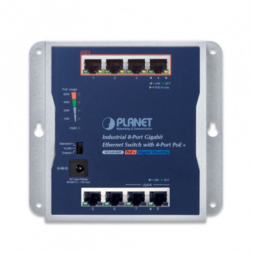 Switch industriel mural 8 ports Giga 4 PoE+ Planet WGS-814HP