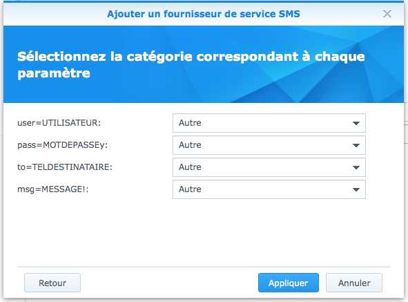 Indiquez les paramètres de l'URL au NAS